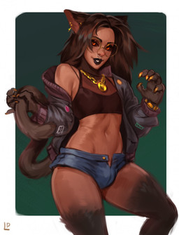 5_fingers bare_shoulders black_lips black_sclera border bottomwear bracelet brown_body brown_fur brown_hair brown_skin bulge claws clothed clothing cross denim denim_bottomwear denim_clothing denim_shorts ear_piercing eyewear facial_piercing femboy fingers fur furry_arms furry_legs glasses green_background hair holding_tail jacket jewelry lips long_hair looking_at_viewer male midriff navel necklace nose_piercing orange_eyes piercing pose septum_piercing shorts simple_background solo standing tail topwear white_border yellow_claws kaptain_spicy oz_(ozthegoblin) animal_humanoid felid felid_humanoid feline feline_humanoid humanoid mammal mammal_humanoid hi_res signature