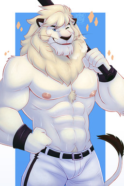 abs anthro baseball_bat bat_(object) belt biceps blue_eyes bodily_fluids bottomwear bulge clothed clothing fur hand_on_hip male mane mascot muscular muscular_anthro muscular_male nipples one_eye_closed pants pattern_bottomwear pattern_clothing pattern_pants pecs pubes simple_background smile solo striped_bottomwear striped_clothing striped_pants stripes sweat topless white_body white_fur wink wristband thediyemi nippon_professional_baseball saitama_seibu_lions leo_(saitama_seibu_lions) felid lion mammal pantherine