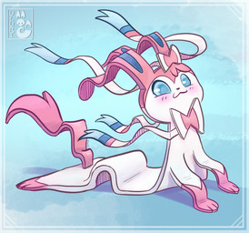 :3 after_transformation blue_body blue_eyes blush bow_tie female feral flattened floppy_ears lying on_front pink_body pink_tail ribbons simple_background smile solo tail transformation white_body wide_eyed wind uluri nintendo pokemon eeveelution generation_6_pokemon pokemon_(species) sylveon hi_res watermark