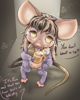 alcohol animal_print anthro belly beverage big_ears big_eyes breasts clothing coffee cozy dialogue feet female fur highlights_(coloring) just_woke_up legwear leopard_print long_tail morning multicolored_body multicolored_fur offscreen_character paws sad solo speech_bubble tail thigh_highs toes two_tone_body two_tone_fur wetcherry mammal mouse murid murine rodent 4:5 hi_res