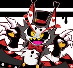 anthro clothed clothing feathered_wings feathers hat headgear headwear male solo suspenders teeth wings yellow_teeth chico hazbin_hotel husk_(hazbin_hotel) demon domestic_cat felid feline felis mammal absurd_res hi_res