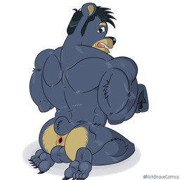 5_toes anthro anus balls black_eyes black_hair black_nose black_snout blue_body blue_fur butt claws feet fur gaping gaping_anus genitals grey_body grey_fur hair humanoid_feet male muscular muscular_anthro muscular_male overweight plantigrade red_tongue snout solo submissive submissive_male tail teeth toes tongue nickbravecomics bear mammal 1:1 hi_res