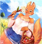 anthro apple basket breasts cleavage clothed clothing container detailed_background eyebrow_piercing facial_piercing female flower food fruit fruit_basket fur holding_basket holding_container holding_flower holding_object looking_at_viewer orange_body orange_fur outside piercing plant shirt smile solo strapless_clothing sunflower topwear myoniis dreamworks the_bad_guys diane_foxington canid canine canis fox mammal digital_media_(artwork) hi_res