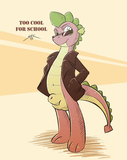 animal_genitalia anthro balls biped bottomless brown_clothing brown_jacket brown_topwear clothed clothing dorsal_ridge eyewear frill_(anatomy) fully_sheathed genitals green_body green_eyes green_skin hand_in_pocket hands_in_both_pockets happy jacket leaning leaning_backward looking_at_viewer male membrane_(anatomy) membranous_frill navel orange_background pattern_background penis penis_tip pockets purple_body purple_skin sheath simple_background smile solo spade_tail standing sunglasses tail tail_ridge text topwear young young_anthro young_male spotty_the_cheetah friendship_is_magic hasbro my_little_pony mythology spike_(mlp) dragon mythological_creature mythological_scalie scalie 2013 english_text hi_res