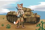 ambiguous_gender armor clothing desert gun hand_grenade headgear helmet military military_uniform panzerkampfwagen_ii_(tank) ranged_weapon rifle soldier solo tank_(vehicle) uniform vehicle warrior weapon bolin mammal