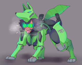 armor bdsm bitchsuit bondage_gear breath buttplug buttplug_tail clothing costume dark_body dark_skin fake_tail female feral feralsuit freckles fursuit green_body hypnotic_visor machine mech_suit mind_control nipple_outline panting plug_(sex_toy) power_armor quadsuit sex_toy solo spiral tongue tongue_out faetomi fae_(faetomi) human mammal robot_dog robot_feral 5:4 hi_res