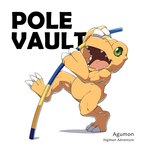 agumon anthro bandai_namco claws digimon digimon_(species) dinosaur english_text green_eyes male op7804620 pole pole_vault prehistoric_species reptile scalie sharp_teeth smile solo teeth text yellow_body