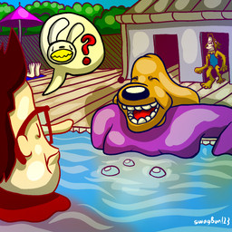 anthro big_foot clothing duo male male/male pool question_mark slightly_chubby slightly_chubby_anthro smile swimming_pool swimwear swagbun sam_and_max lorne max_(sam_and_max) samuel_dog canid canine lagomorph mammal 1:1 hi_res