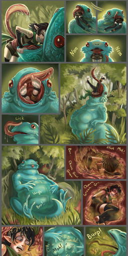 abdominal_bulge belly big_belly black_hair blue_eyes bodily_fluids burping burping_up_object digestion duo female female_prey feral feral_pred hair human_prey internal long_tongue monster_pred oral_vore organs red_eyes saliva stomach stomach_acid struggling struggling_prey tongue tongue_wrap vore poppyfield amphibian elf frog human humanoid mammal monster absurd_res comic hi_res huge_filesize