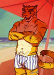 anthro athletic athletic_anthro athletic_male beach beach_umbrella boxers_(clothing) brown_body brown_fur brown_stripes chest_tuft clothing countershade_arms countershade_face countershade_torso countershading crossed_arms dipstick_tail fangs fur male markings multicolored_body multicolored_fur navel open_mouth open_smile parasol pattern_clothing pattern_underwear sand sea seaside sharp_teeth smile solo striped_boxers striped_clothing striped_underwear stripes tail tail_markings tan_body tan_countershading tan_fur teeth tuft underwear water yellow_body yellow_fur gerundank morenatsu torahiko_(morenatsu) felid mammal pantherine tiger 2023 artist_name colored portrait three-quarter_portrait