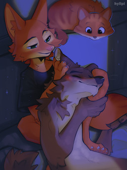 ambiguous_gender anthro anthro_on_anthro bed blush canon_couple caressing claws clothing daww domestic_pet eyebrow_piercing facial_piercing female feral furniture furries_with_pets green_eyes group hug hugging_another hugging_from_behind love male male/female paws piercing romantic romantic_ambiance romantic_couple shirt tenderness toe_claws topwear hyilpi dreamworks the_bad_guys diane_foxington mr._wolf_(the_bad_guys) american_red_fox canid canine canis domestic_cat felid feline felis fox mammal northwestern_wolf red_fox true_fox wolf digital_media_(artwork) hi_res