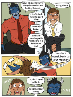 anthro beard black_beard black_facial_hair black_hair brown_eyes clothing dialogue dominant dominant_male duo face_slap facial_hair glare hair hand_on_head horn male male/male necktie red_clothing red_necktie red_shirt red_topwear shirt shocked slap slap_(sound_effect) speech_bubble submissive submissive_male suit teeth text topwear whiskers white_clothing white_shirt white_topwear yellow_eyes yellow_necktie fuze mythology dragon lagomorph leporid mammal mythological_creature mythological_scalie rabbit scalie 3:4 comic english_text hi_res