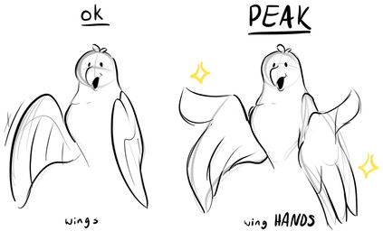 ambiguous_gender anthro beak comparison feather_hands feathers open_mouth simple_background sketchy solo sparkles text white_background winged_arms wings julian_draws ambiguous_species avian bird english_text hi_res