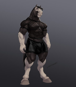 abs anthro balls_outline barefoot biceps black_body black_bottomwear black_clothing black_hair black_pants bottomwear brown_eyes bulge clothed clothing cross cross_necklace detailed_bulge feet fishnet_clothing fishnet_topwear front_view genital_outline glistening glistening_eyes gloves_(marking) grey_hooves hair hooves inverted_cross jewelry leg_markings looking_at_viewer male markings mouth_closed muscular muscular_anthro muscular_male narrowed_eyes necklace pants pecs penis_outline simple_background socks_(marking) solo standing topwear white_body laser_(artist) equid equine horse mammal full-length_portrait hi_res portrait signature