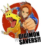 anthro brown_hair claws duo fist grin hair male ponytail sharp_teeth smile teeth yellow_body ulcer_gag bandai_namco digimon digimon_data_squad marcus_daimon agumon digimon_(species) human mammal hi_res