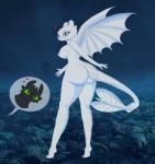 anthro anthrofied big_breasts big_butt breasts butt cocaine-leopard conditional_dnp dragon dreamworks duo european_mythology female hi_res how_to_train_your_dragon light_fury long_legs looking_at_viewer looking_back looking_back_at_viewer male male/female membrane_(anatomy) membranous_wings mythological_creature mythological_scalie mythology night night_fury nipples nubless outside rear_view reptile scalie side_boob solo_focus standing surprise tail toothless western_dragon white_body wings