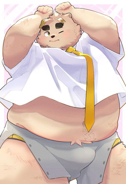 5_fingers accessory anthro biped brown_body brown_fur bulge clothing fingers fur humanoid_hands kemono lying male navel necktie one_eye_closed overweight overweight_male raised_arms shirt solo topwear underwear en_1_9 bear mammal 2026 absurd_res hi_res