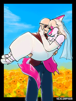 5_fingers anthro armwear bald black_border black_tie_(suit) blonde_hair blue_sky bone_frill border bottomwear bow_tie breasts carrying_another carrying_partner clothing day denim denim_bottomwear denim_clothing digit_ring dress duo elbow_gloves eyewear female field fingers footwear frill_(anatomy) gloves hair handwear high_heels jeans jewelry light-skinned_male light_body light_skin long_hair long_tail magenta_body magenta_scales male male/female medium_breasts multicolored_body multicolored_scales outside pants ring scales shoes sky spiked_tail spikes spikes_(anatomy) suit sunglasses tail tail_around_partner text two_tone_body two_tone_scales wedding wedding_dress wedding_ring wedding_veil white_body white_clothing white_gloves white_handwear white_scales vexcorp cavemanon_studios i_wani_hug_that_gator inco_(iwhtg) mia_moretti dinosaur hadrosaurid human mammal ornithischian ornithopod parasaurolophus prehistoric_species reptile scalie 2026 3:4 artist_name digital_drawing_(artwork) digital_media_(artwork) hi_res watermark