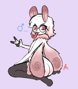 antennae_(anatomy) anthro butt chest_tuft eyewear femboy finger_markings fluffy_wings fur gesture glasses hand_gesture kneeling looking_at_viewer looking_back looking_back_at_viewer male markings pink_markings proboscis_(anatomy) rear_view red_eyes sitting solo tongue tongue_out tuft v_sign wearing_glasses white_body white_fur wings fluorite arthropod insect lepidopteran moth