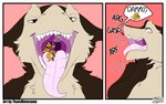 anthro anthro_pred asphyxiation choking comic_panel dialogue duo extreme_size_difference female male male/female mawplay micro mouth_shot open_mouth size_difference teeth tongue tongue_out uvula vore conditional_dnp thaismotosuwa cocoa_(no-one_k) edam_wedge accipitrid accipitriform avian bird canid canine canis eagle hybrid mammal sergal wolf 2020 absurd_res comic hi_res