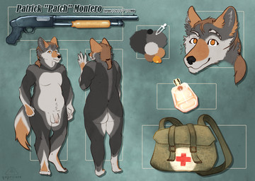 anthro balls foreskin genitals gun male penis ranged_weapon shotgun weapon backalleyarts qapricore patrick_"patch"_montero canid canine canis coyote mammal absurd_res hi_res model_sheet