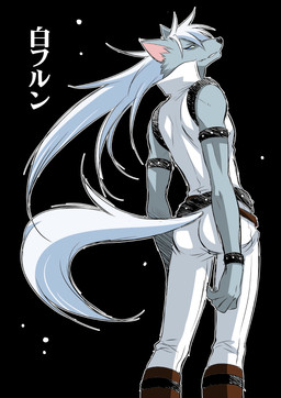 anthro armlet belt biceps biped black_background black_nose blue_eyes bracelet butt claws clothed clothing fur grey_body grey_fur hair half-closed_eyes jewelry long_hair looking_at_viewer looking_back male muscular muscular_anthro muscular_male narrowed_eyes rear_view simple_background smile solo standing studded_armlet studded_belt studded_bracelet studded_jewelry studs teeth white_clothing white_hair inumania pretty_cure smile_pretty_cure wolfrun canid canine canis mammal wolf 2014 portrait three-quarter_portrait