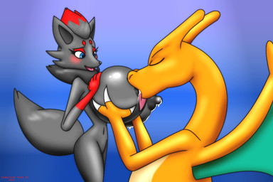 ambiguous_gender anthro blush bodily_fluids breast_play breast_squeeze breast_suck breastfeeding breasts duo eyes_closed female hand_on_breast lactating leaking_milk looking_down looking_down_at_another milk_drip milk_leaking navel squeezing sucking chameloshi nintendo pokemon charizard generation_1_pokemon generation_5_pokemon pokemon_(species) zorua
