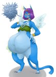 after_vore anthro belly big_belly blue_body duo female female_pred hair overweight purple_hair simple_background text vore white_background yellow_sclera grindavikbydaylight nightmarebros mythology felid mammal mythological_creature mythological_sphinx 2021