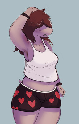 anthro armband blush boxers_(clothing) breasts clothed clothing female freckles hair heart_symbol open_mouth purple_body shirt simple_background solo tail tank_top teeth topwear underwear squaresville deltarune undertale_(series) susie_(deltarune) reptile scalie absurd_res hi_res