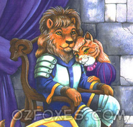 armor blue_clothing brown_hair chair clothing duo female furniture hair looking_at_viewer male male/female pauldron purple_clothing sitting smile text mcarspec felid lion mammal pantherine 1991 low_res traditional_media_(artwork) url
