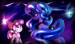 abstract_background accessory blue_eyes blue_hair bow_(feature) bow_accessory bow_ribbon centered_hair_bow cutie_mark duo feathered_wings feathers female hair hair_accessory hair_bow hair_ribbon horn red_hair ribbons simple_background sparkles wings young gsphere friendship_is_magic hasbro my_little_pony mythology apple_bloom_(mlp) princess_luna_(mlp) earth_pony equid equine horse mammal mythological_creature mythological_equine pony winged_unicorn 2015 hi_res