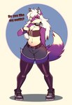 anthro asking_viewer belt biped bottomwear breasts cheek_tuft choker cleavage clothed clothing countershade_torso countershading crop_top denim denim_bottomwear denim_clothing denim_shorts dipstick_tail eyelashes facial_tuft female footwear front_view fur glistening_eyelids hair inner_ear_fluff jewelry legwear lidded_eyes long_hair looking_at_viewer markings medium_breasts midriff navel necklace orange_eyes panties panty_peek purple_body purple_fur red_clothing red_panties red_underwear shirt shoes shorts simple_background sneakers solo standing tail tail_markings talking_to_viewer text thick_thighs thigh_highs topwear tuft underwear white_body white_fur white_hair wristband locksnurf canid canine canis mammal wolf 2024 absurd_res digital_drawing_(artwork) digital_media_(artwork) english_text full-length_portrait hi_res portrait