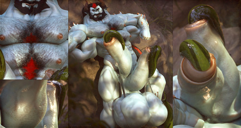 balls big_balls big_penis bodily_fluids body_hair bulging_penis chest_hair duo genital_fluids genitals huge_balls huge_penis hyper hyper_balls hyper_genitalia hyper_penis male muscular muscular_male nipple_piercing nipples outside penis piercing precum urethral graventhax sparky_(ethoras) demon gastropod humanoid mollusk slug hi_res