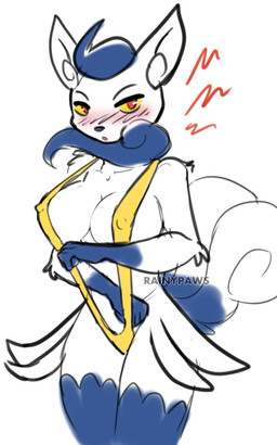 anthro big_breasts bikini blue_body blue_fur blush breasts clothing female fur gloves_(marking) looking_at_viewer markings multi_tail narrowed_eyes nipple_outline one-piece_swimsuit open_mouth red_eyes skimpy_bikini sling_bikini solo swimwear tail text two-piece_swimsuit white_body white_fur yellow_bikini yellow_clothing yellow_sclera yellow_swimwear rainypaws nintendo pokemon generation_6_pokemon meowstic pokemon_(species) 5:8 artist_name
