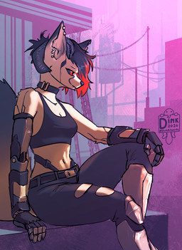 anthro biped black_sclera choker clothing crop_top cybernetics cyberpunk female female_anthro fur horn jewelry machine necklace piercing prosthetic red_eyes shirt sitting solo tail topwear white_body white_fur josiedink canid canine cyborg fox mammal true_fox hi_res