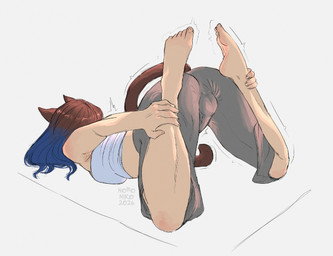 armpit_hair backsack balls balls_outline blue_hair body_hair bulge clothed clothed_gynomorph clothed_humanoid clothing detailed_bulge feet genital_outline genitals gynomorph hair intersex lying on_front penis_outline raised_foot solo stretching tail w-stretch_pose yoga noroniko blaze_(noroniko) animal_humanoid cat_humanoid felid felid_humanoid feline feline_humanoid humanoid mammal mammal_humanoid 2026 hi_res trans_(lore) trans_woman_(lore)