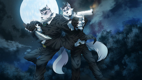 accessory anthro black_bottomwear black_clothing black_gloves black_hair black_handwear black_necktie black_pants black_suit blue_eyes bottomwear claws clothing cloud duo eye_scar facial_hair facial_scar finger_claws fingerless_gloves forest full_moon fur gloves goatee grey_body grey_fur gun hair handgun handwear holding_gun holding_handgun holding_knife holding_object holding_ranged_weapon holding_revolver holding_weapon knife male moon multicolored_body multicolored_fur necktie night outside pants plant ranged_weapon red_necktie revolver scar shirt suit tail topwear tree two_tone_body two_tone_fur weapon white_body white_clothing white_fur white_shirt white_topwear kayztor randy_mcgrath richard_mcgrath canid canine canis mammal wolf 16:9 2023 4k absurd_res hi_res widescreen brother_(lore) brothers_(lore) sibling_(lore)