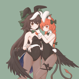 2_tails 3_eyes accessory ahoge black_clothing black_leotard black_wings bow_ribbon bow_tie breasts brown_eyes brown_hair bunny_costume chest_eye cleavage clothed clothing costume duo feathered_wings feathers female green_background green_bow_tie hair hair_accessory hair_bow hair_ribbon inner_ear_fluff legwear leotard long_hair multi_eye multi_tail orange_hair pantyhose red_eyes ribbons shirt_collar shirt_cuffs simple_background tail tuft wings kokowoch asian_mythology east_asian_mythology japanese_mythology mythology touhou rin_kaenbyou utsuho_reiuji animal_humanoid avian avian_humanoid cat_humanoid felid felid_humanoid feline feline_humanoid humanoid mammal mammal_humanoid nekomata winged_humanoid yokai 1:1 absurd_res hi_res