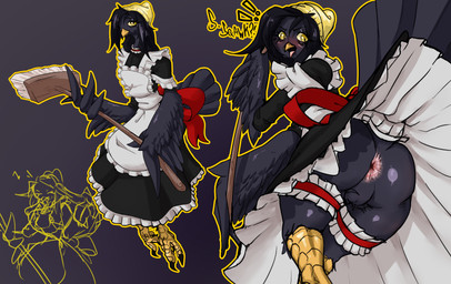 4_toes accessory anisodactyl anthro anus apron avian_feet beak beanie bow_(feature) bow_accessory bow_ribbon broom butt cleaning_tool clothed clothing collar crossdressing dress exclamation_point feathered_wings feathers feet furgonomics hair hat headgear headwear long_hair maid_uniform male no_underwear ribbons shocked solo surprised tail tail_accessory tail_bow tail_feathers tail_ribbon talons toes uniform upskirt wings yellow_sclera chalk_outline hill_(chalk_outline) avian bird corvid corvus_(genus) crow oscine passerine absurd_res clip_studio_paint_(artwork) digital_media_(artwork) hi_res