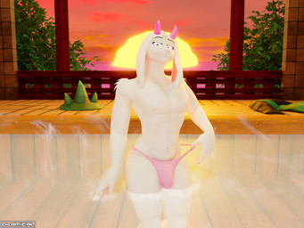 anthro clothing clothing_aside femboy fur hair horn hot_spring looking_at_viewer male nipples partially_submerged pawpads pink_eyes sauna solo speedo steam swimming_pool swimwear water white_body okamical okamical_(modeler) deltarune undertale_(series) ralsei bovid caprine darkner goat mammal 3d_(artwork) 4:3 digital_media_(artwork) hi_res