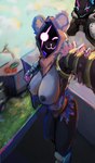 anthro bear_ears big_breasts breasts claws detailed_background duo eye_scar facial_scar female fluffy front_view grass hood plant purple_body purple_eyes scar selfie truck_(vehicle) vehicle wide_hips shen-k epic_games fortnite pack_leader_highwire raven_team_leader bear canid canine canis mammal wolf hi_res