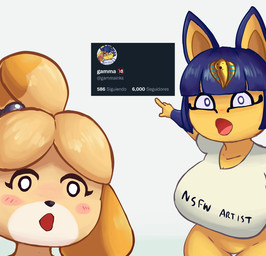 anthro bangs big_breasts blue_ears blue_hair blush bob_cut bottomless breasts clothed clothing count duo featureless_crotch female gesture hair hand_gesture looking_at_viewer multicolored_body no_symbol number open_mouth pointing symbol text text_on_clothing thigh_gap two_tone_body uraeus user_avatar wide_hips yellow_body yellow_inner_ear gammainks animal_crossing nintendo pogchamp soyjak twitter two_soyjaks_pointing ankha_(animal_crossing) isabelle_(animal_crossing) wojak canid canine canis domestic_cat domestic_dog felid feline felis mammal english_text hi_res meme reaction_image spanish_text