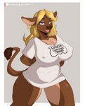 anthro big_breasts blonde_hair breasts clothed clothing ear_piercing ear_tag female hair lipstick looking_at_viewer makeup nipple_outline piercing purple_eyes shirt simple_background smile solo teeth tender topwear usda kida_howlette delilah bovid bovine cattle mammal absurd_res hi_res