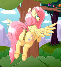 animal_genitalia anus butt cutie_mark feathered_wings feathers female feral fur genitals hair nude outside pink_hair rear_view simple_background solo tail vulva wings yellow_body h3nger friendship_is_magic hasbro my_little_pony mythology fluttershy_(mlp) equid equine horse mammal mythological_creature mythological_equine pegasus pony digital_media_(artwork) hi_res