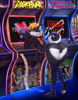 5_fingers anthro arcade arcade_machine ball_bulge bent_over black_body black_boots black_clothing black_footwear black_fur black_nose black_purse black_shirt black_topwear blonde_hair boots bottomwear bulge bulge_from_behind butt butt_heart cheek_tuft closed_smile clothed clothing countershading detailed_background dual_wielding ear_piercing ear_ring facial_piercing facial_tuft femboy fingers footwear fur gauged_ear hair holding_object holding_weapon hotpants inner_ear_fluff inside light_gun looking_back male mouth_closed neck_tuft nose_piercing nose_ring piercing purse purse_over_shoulder red_text ring_piercing shirt shoes shorts smile solo standing t-shirt tail text ticket topwear tuft weapon white_body white_fur white_inner_ear_fluff white_text yellow_text viskasunya curry_(viskasunya) flaffy_(viskasunya) jasy_(jasy) canid canine canis domestic_dog mammal shiba_inu spitz 2022 absurd_res english_text hi_res
