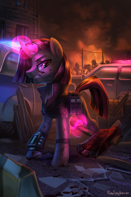 ambiguous_gender axe black_mane black_tail blood bodily_fluids building car feral fur glowing glowing_horn horn levitation looking_at_viewer mane melee_weapon motor_vehicle multicolored_mane multicolored_tail orange_eyes outside pip-boy police police_car police_vehicle red_mane red_tail ruined_building ruins solo standing tail text urban vehicle weapon white_body white_fur jedayskayvoker capcom chryslus_motors_corporation corvega fallout fusion_flea_supreme hasbro microsoft my_little_pony mythology resident_evil dry_land fan_character equid equine horse mammal mythological_creature mythological_equine pony unicorn 2020 2:3 absurd_res crossover english_text hi_res signature