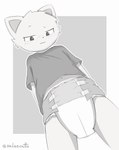 ageplay anthro clothed clothing diaper diaper_fetish infantilism low-angle_view male navel roleplay shirt solo t-shirt topwear wearing_diaper young young_anthro young_male saleecatto domestic_cat felid feline felis mammal absurd_res greyscale hi_res monochrome