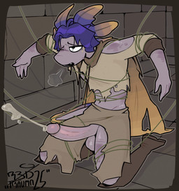 adventurer anthro balls bdsm bodily_fluids bondage boots bottomwear bound breath bruised cape clothing cum cumshot ejaculation footwear genital_fluids genitals glans hair kneeling kneeling_on_ground looking_pleasured male navel panting pants penis plant purple_body purple_hair shirt shoes smile solo tail topwear torn_bottomwear torn_clothing torn_pants torn_shirt torn_topwear vines redtrauma amphibian axolotl marine mole_salamander salamander absurd_res hi_res