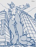 anthro armpit_hair balls black_nose body_hair destroyed_building destroyed_vehicle eye_scar facial_scar feet genitals growth macro macro_anthro macro_male penis scar solo standing teeth walking teaselbone beastars legoshi_(beastars) canid canine canis mammal wolf 2024 hi_res