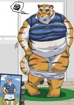 anthro belly big_belly blush bottomwear cellphone clothing electronics humanoid_hands jockstrap kemono male overweight overweight_male phone rugby rugby_uniform shirt shorts smartphone solo_focus topwear underwear maron2475 felid mammal pantherine tiger 2023 hi_res